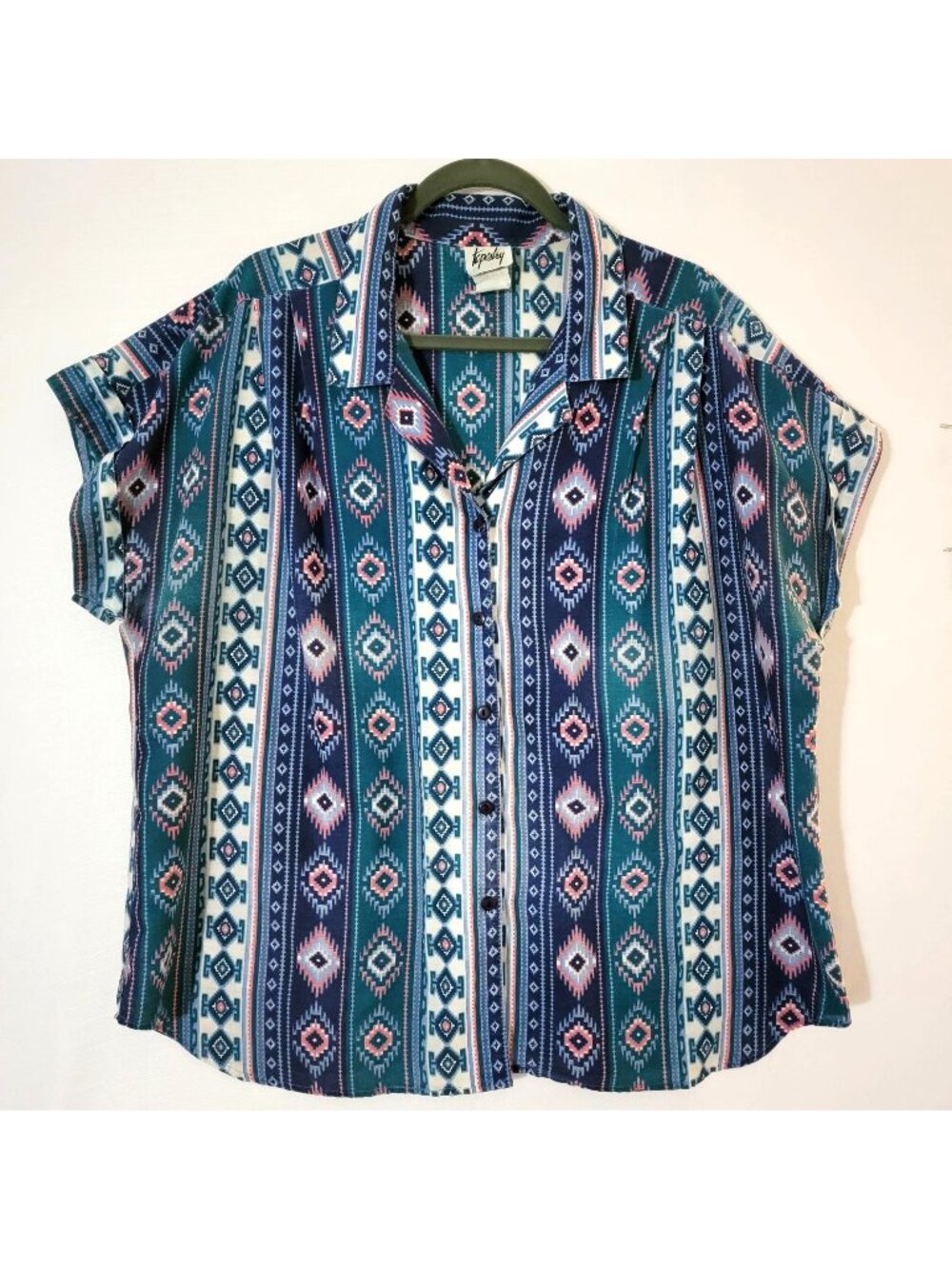 Tapestry Button Down Camp Shirt Womens Sz 22W Short Sleeve Blue Pink VTG USA